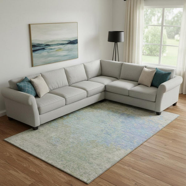 HomeRoots 9' X 12' Sky Blue, Fern Green & Beige Abstract Washable Area Rug - UV Protected & Easy Care Design 699663