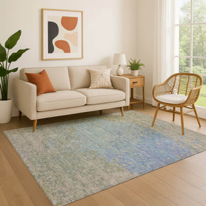 HomeRoots 9' X 12' Sky Blue, Fern Green & Beige Abstract Washable Area Rug - UV Protected & Easy Care Design 699663