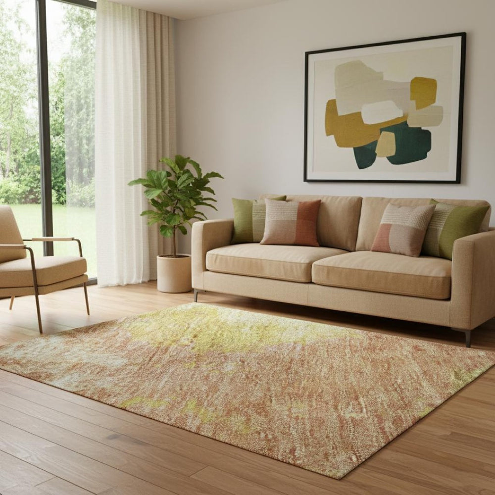 HomeRoots 5' X 8' Artichoke Green Gold Copper Abstract Washable Area Rug – UV Protected, Pet-Friendly Design! 699666