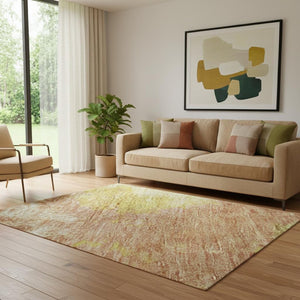 HomeRoots 5' X 8' Artichoke Green Gold Copper Abstract Washable Area Rug – UV Protected, Pet-Friendly Design! 699666