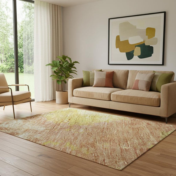 HomeRoots 5' X 8' Artichoke Green Gold Copper Abstract Washable Area Rug – UV Protected, Pet-Friendly Design! 699666