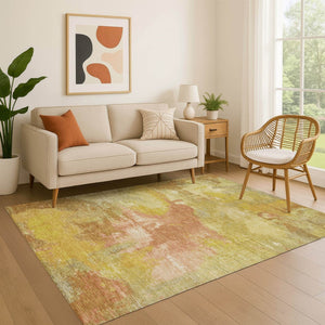 HomeRoots 5' X 8' Artichoke Green Gold Copper Abstract Washable Area Rug – UV Protected, Pet-Friendly Design! 699666