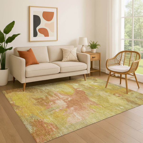 HomeRoots 5' X 8' Artichoke Green Gold Copper Abstract Washable Area Rug – UV Protected, Pet-Friendly Design! 699666