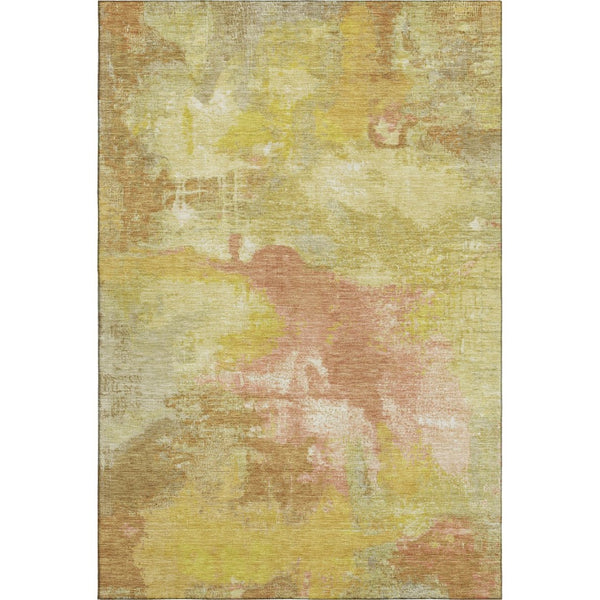 HomeRoots 5' X 8' Artichoke Green Gold Copper Abstract Washable Area Rug – UV Protected, Pet-Friendly Design! 699666