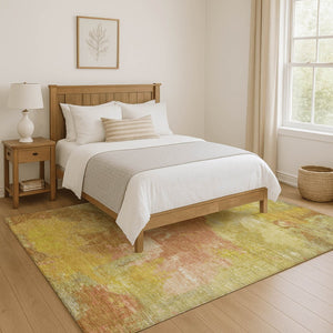 HomeRoots 5' X 8' Artichoke Green Gold Copper Abstract Washable Area Rug – UV Protected, Pet-Friendly Design! 699666