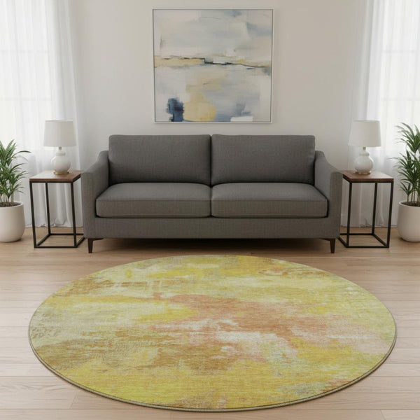 HomeRoots 8' Artichoke Green, Gold & Copper Abstract Washable Round Rug - Durable, UV-Protected, Stylish Decor 699667