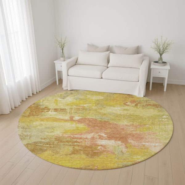 HomeRoots 8' Artichoke Green, Gold & Copper Abstract Washable Round Rug - Durable, UV-Protected, Stylish Decor 699667