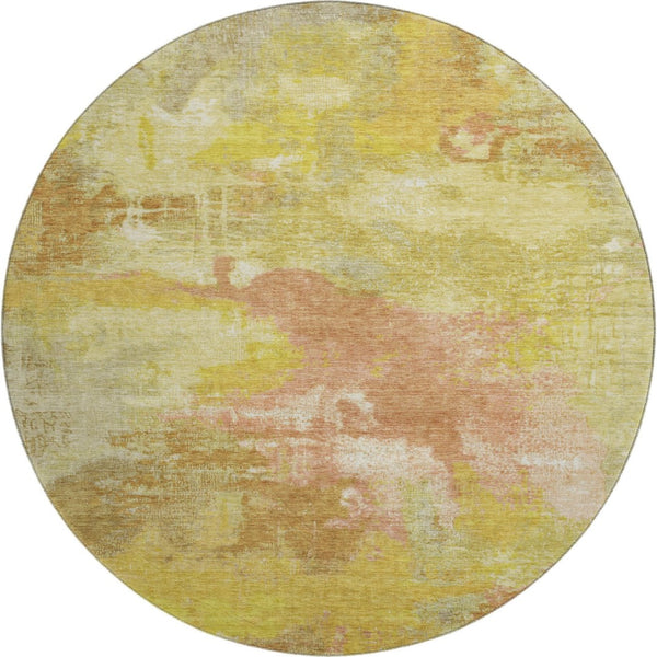 HomeRoots 8' Artichoke Green, Gold & Copper Abstract Washable Round Rug - Durable, UV-Protected, Stylish Decor 699667