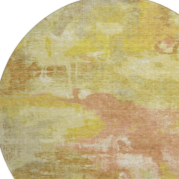 HomeRoots 8' Artichoke Green, Gold & Copper Abstract Washable Round Rug - Durable, UV-Protected, Stylish Decor 699667