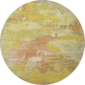 HomeRoots 8' Artichoke Green, Gold & Copper Abstract Washable Round Rug - Durable, UV-Protected, Stylish Decor 699667