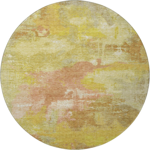 HomeRoots 8' Artichoke Green, Gold & Copper Abstract Washable Round Rug - Durable, UV-Protected, Stylish Decor 699667
