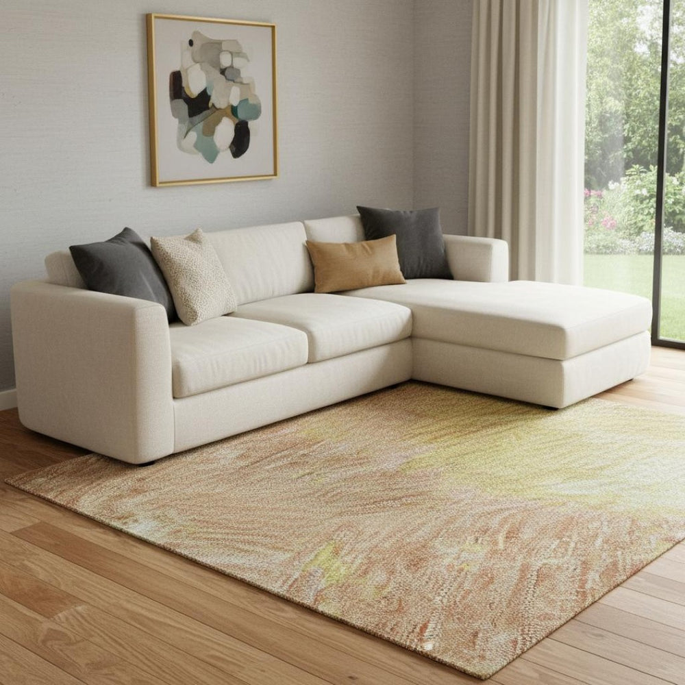 HomeRoots 8' X 10' Artichoke Green Gold Copper Abstract Washable Rug—Durable, UV-Protected, Stain-Resistant Design! 699668