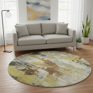 HomeRoots 8' Brown Gray and Gold Abstract Washable Round Rug – Durable, UV Protected, Modern Style for Any Room 699673