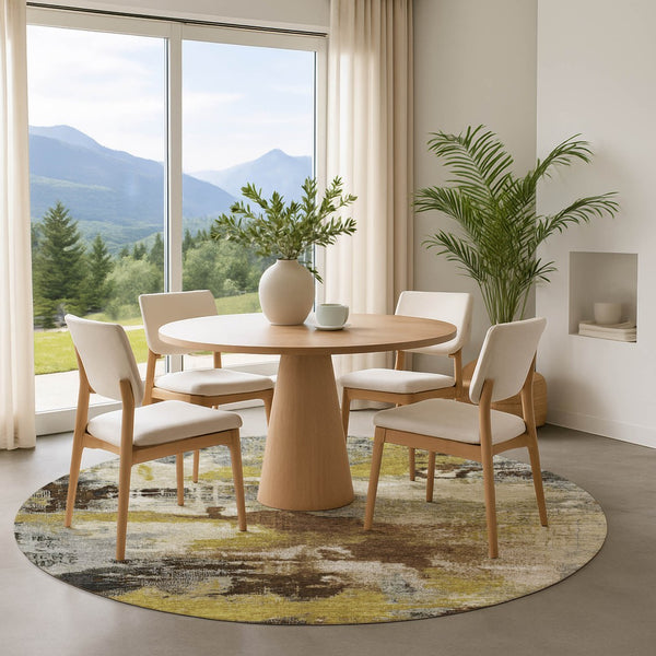 HomeRoots 8' Brown Gray and Gold Abstract Washable Round Rug – Durable, UV Protected, Modern Style for Any Room 699673