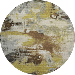 HomeRoots 8' Brown Gray and Gold Abstract Washable Round Rug – Durable, UV Protected, Modern Style for Any Room 699673