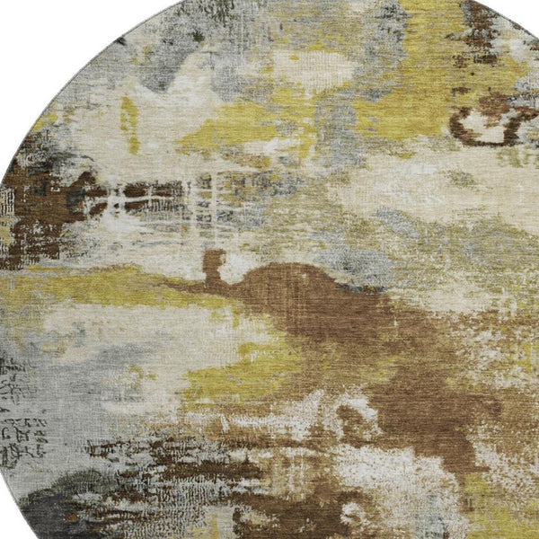 HomeRoots 8' Brown Gray and Gold Abstract Washable Round Rug – Durable, UV Protected, Modern Style for Any Room 699673