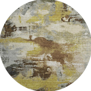 HomeRoots 8' Brown Gray and Gold Abstract Washable Round Rug – Durable, UV Protected, Modern Style for Any Room 699673