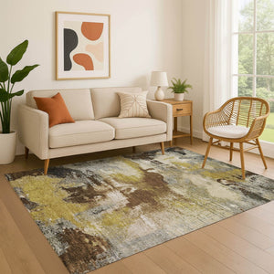 HomeRoots 10' Modern Brown, Gray & Gold Abstract Washable Area Rug – UV Protected, Durable & Stain Resistant! 699676