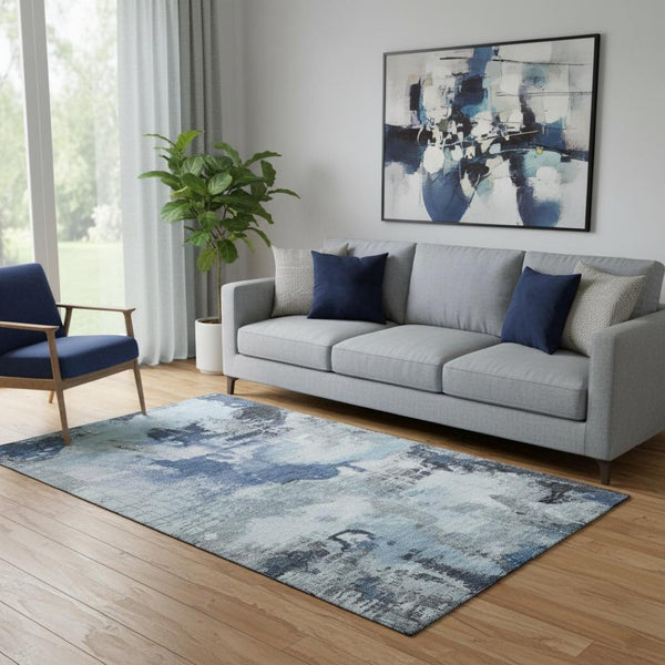 HomeRoots 5' X 8' Blue Ivory Gray Abstract Area Rug - Washable, UV Protected, Stylish for High-Traffic Spaces 699678