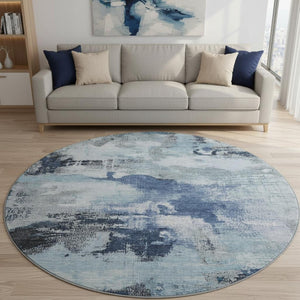 HomeRoots 8' Stylish Blue Ivory Gray Abstract Round Rug - Washable, UV Protected, Ideal for Indoor & Outdoor Spaces 699679