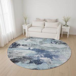 HomeRoots 8' Stylish Blue Ivory Gray Abstract Round Rug - Washable, UV Protected, Ideal for Indoor & Outdoor Spaces 699679
