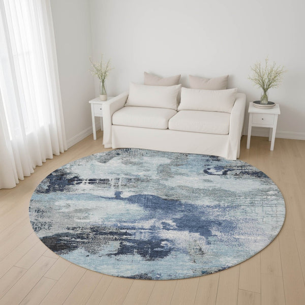 HomeRoots 8' Stylish Blue Ivory Gray Abstract Round Rug - Washable, UV Protected, Ideal for Indoor & Outdoor Spaces 699679