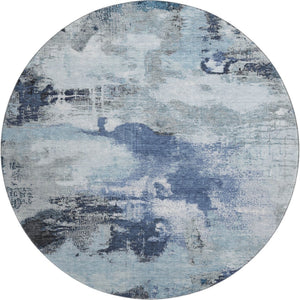 HomeRoots 8' Stylish Blue Ivory Gray Abstract Round Rug - Washable, UV Protected, Ideal for Indoor & Outdoor Spaces 699679