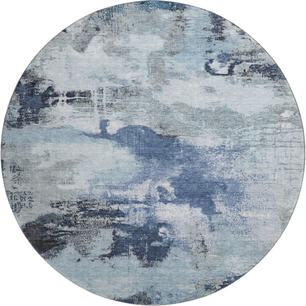 HomeRoots 8' Stylish Blue Ivory Gray Abstract Round Rug - Washable, UV Protected, Ideal for Indoor & Outdoor Spaces 699679