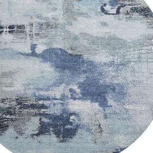 HomeRoots 8' Stylish Blue Ivory Gray Abstract Round Rug - Washable, UV Protected, Ideal for Indoor & Outdoor Spaces 699679