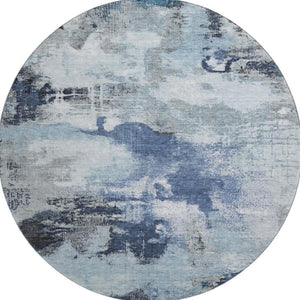 HomeRoots 8' Stylish Blue Ivory Gray Abstract Round Rug - Washable, UV Protected, Ideal for Indoor & Outdoor Spaces 699679