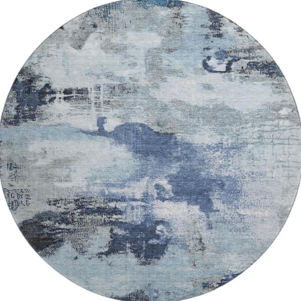 HomeRoots 8' Stylish Blue Ivory Gray Abstract Round Rug - Washable, UV Protected, Ideal for Indoor & Outdoor Spaces 699679