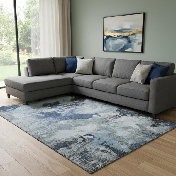 HomeRoots 8' X 10' Washable Blue Ivory Gray Area Rug with UV Protection, Perfect for High-Traffic Spaces! 699680