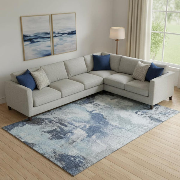 HomeRoots 9' X 12' Blue Ivory Gray Abstract Washable Area Rug - Durable, UV-Protected, Modern Design for Home 699681