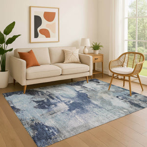 HomeRoots 9' X 12' Blue Ivory Gray Abstract Washable Area Rug - Durable, UV-Protected, Modern Design for Home 699681