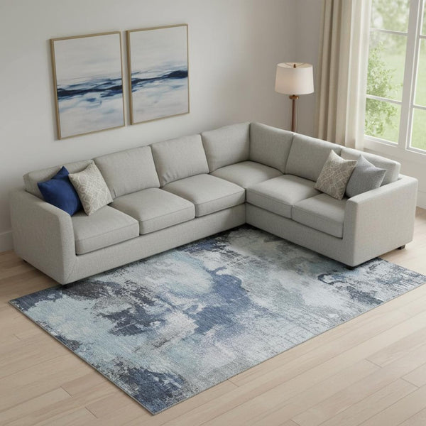 HomeRoots 10' Blue Ivory and Gray Abstract Area Rug - Washable, UV Protected, Perfect for Modern Living Spaces! 699682