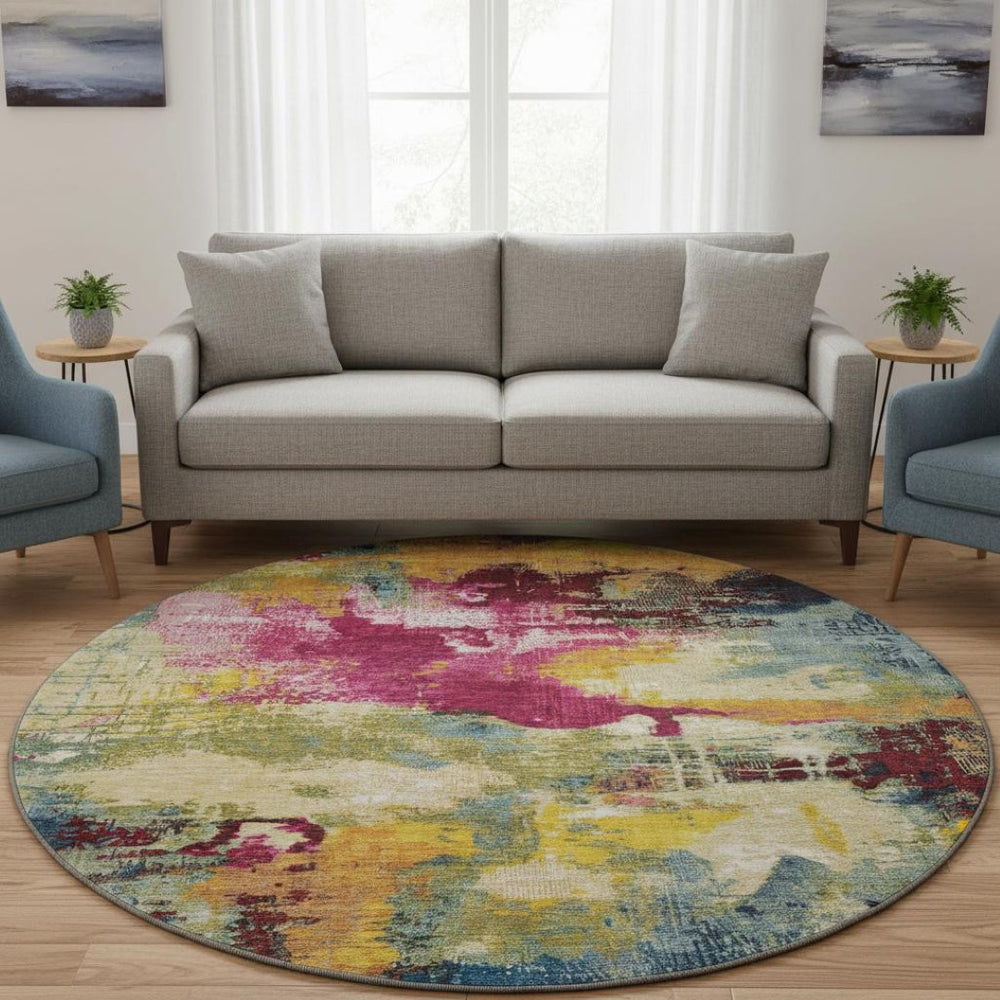 HomeRoots 8' Bold Burgundy Pink and Blue Abstract Round Rug – Washable, UV Protected, Perfect for High-Traffic Areas 699685