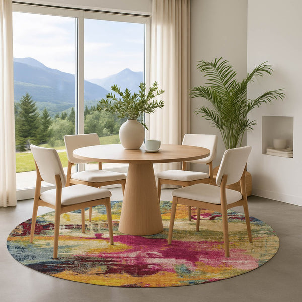 HomeRoots 8' Bold Burgundy Pink and Blue Abstract Round Rug – Washable, UV Protected, Perfect for High-Traffic Areas 699685