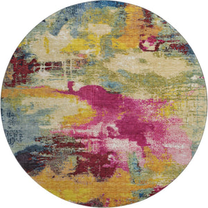 HomeRoots 8' Bold Burgundy Pink and Blue Abstract Round Rug – Washable, UV Protected, Perfect for High-Traffic Areas 699685