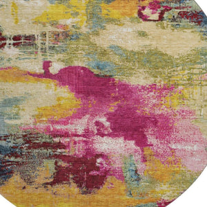 HomeRoots 8' Bold Burgundy Pink and Blue Abstract Round Rug – Washable, UV Protected, Perfect for High-Traffic Areas 699685