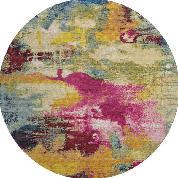 HomeRoots 8' Bold Burgundy Pink and Blue Abstract Round Rug – Washable, UV Protected, Perfect for High-Traffic Areas 699685