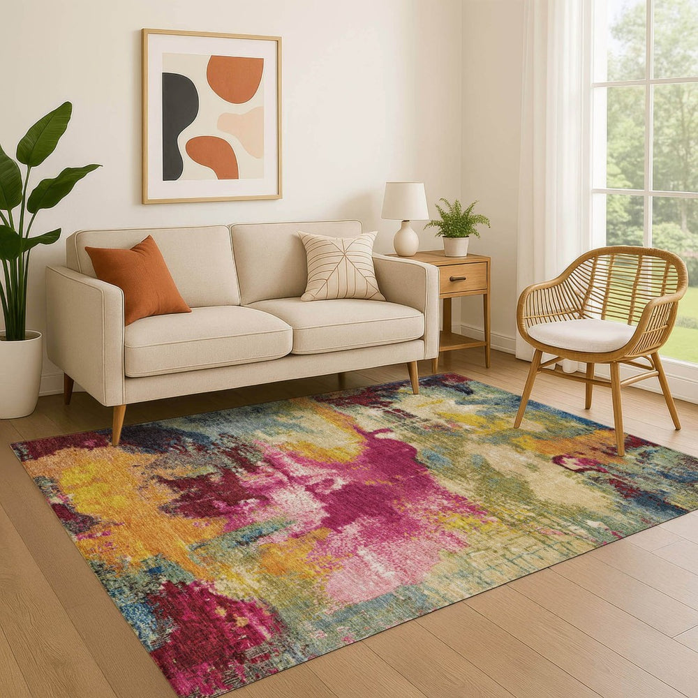 HomeRoots 9' X 12' Washable Burgundy, Pink & Blue Abstract Area Rug - UV Protected, Durable & Non-Slip Design 699687
