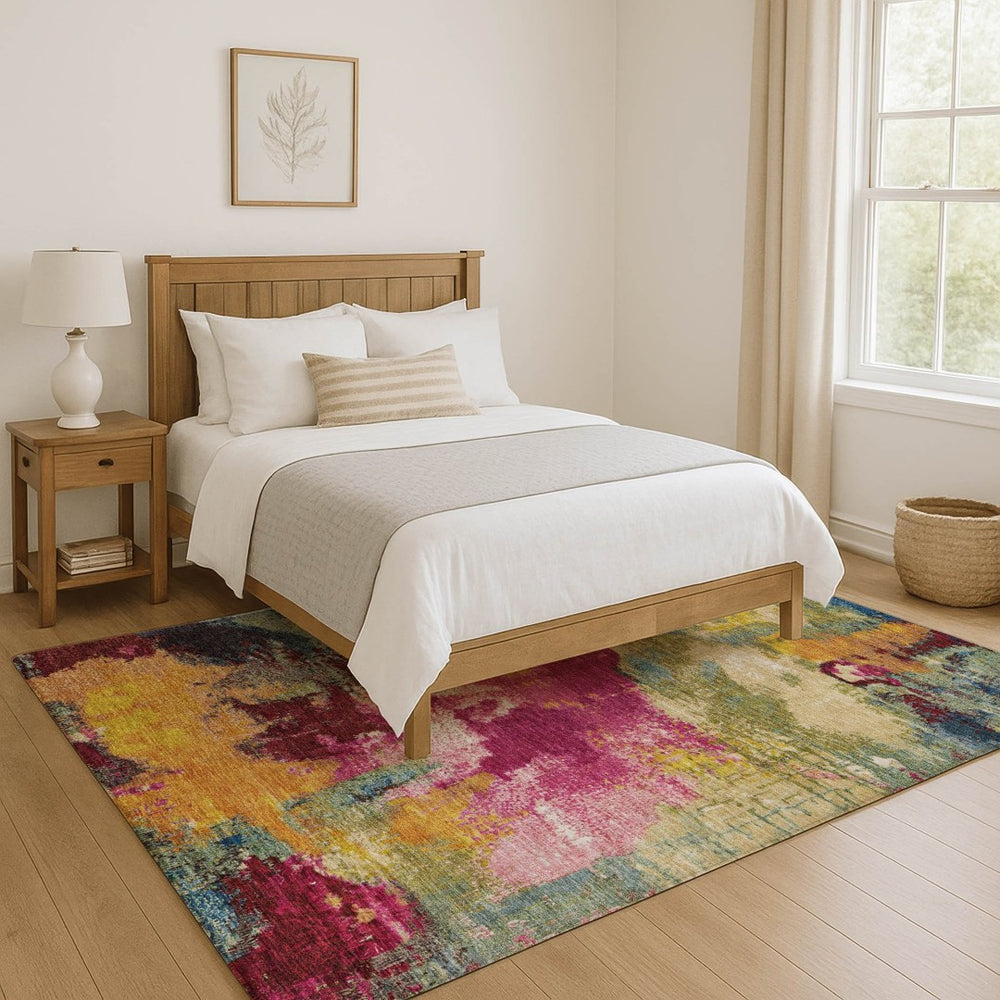 HomeRoots 9' X 12' Washable Burgundy, Pink & Blue Abstract Area Rug - UV Protected, Durable & Non-Slip Design 699687