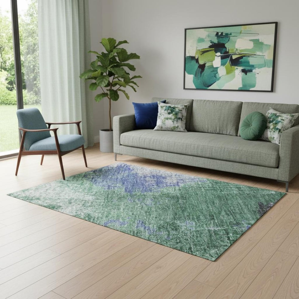 HomeRoots 5' Abstract Washable Area Rug in Green, Purple & Brown - Durable, UV-Protected, Non-Slip Design! 699690
