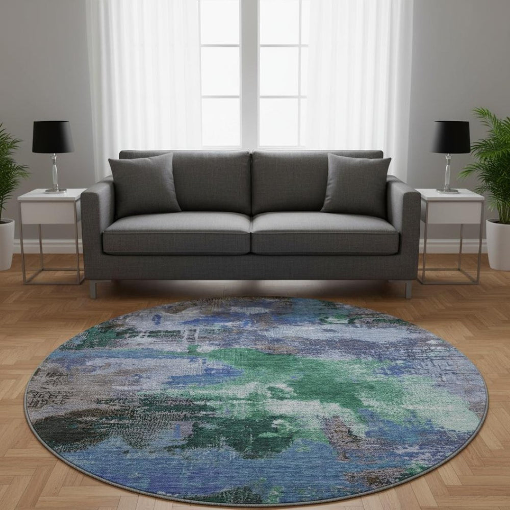 HomeRoots 8' Abstract Round Rug in Green, Purple & Brown - Washable, UV-Protected, Durable for High-Traffic Areas 699691
