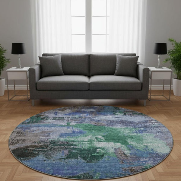 HomeRoots 8' Abstract Round Rug in Green, Purple & Brown - Washable, UV-Protected, Durable for High-Traffic Areas 699691
