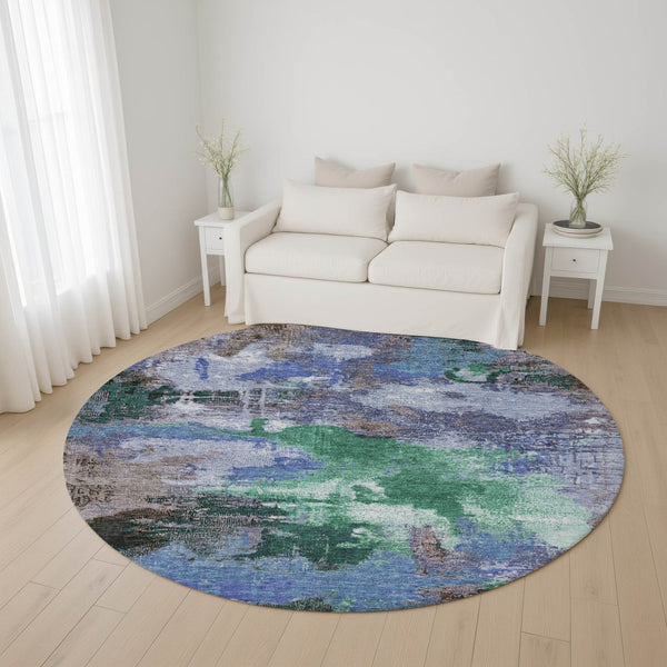 HomeRoots 8' Abstract Round Rug in Green, Purple & Brown - Washable, UV-Protected, Durable for High-Traffic Areas 699691