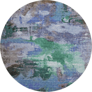 HomeRoots 8' Abstract Round Rug in Green, Purple & Brown - Washable, UV-Protected, Durable for High-Traffic Areas 699691