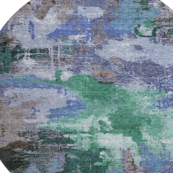 HomeRoots 8' Abstract Round Rug in Green, Purple & Brown - Washable, UV-Protected, Durable for High-Traffic Areas 699691