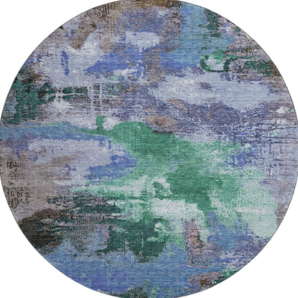 HomeRoots 8' Abstract Round Rug in Green, Purple & Brown - Washable, UV-Protected, Durable for High-Traffic Areas 699691