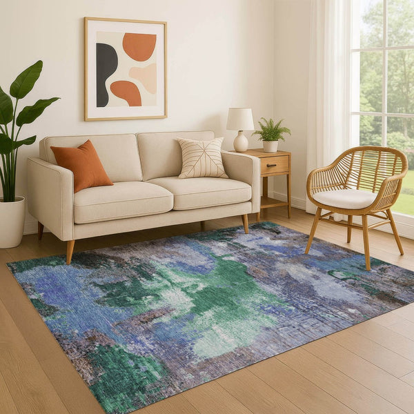 HomeRoots 10' X 14' Abstract Area Rug in Green, Purple & Brown - Washable, UV Protected, Durable & Stylish 699694